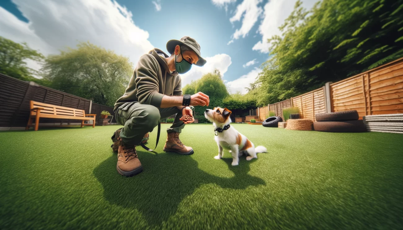 Obraz w szerszym kącie przedstawiający trenera psów uczącego małego psa, prawdopodobnie Jack Russell Terrier, komendy 'zostaw'. Trener, ubrany w wygodny strój zewnętrzny, klęczy na poziomie psa, trzymając smakołyk w jednej ręce i gestykulując 'stop' drugą ręką, jednocześnie mówiąc 'zostaw'. Pies uważnie patrzy na smakołyk, wykazując zainteresowanie, ale jednocześnie powściągliwość. Tło zawiera kilka drzew i ogrodzenie, sugerując spokojne otoczenie na zewnątrz. Obraz uchwytuje istotę cierpliwości i pozytywnego wzmocnienia w treningu psów.