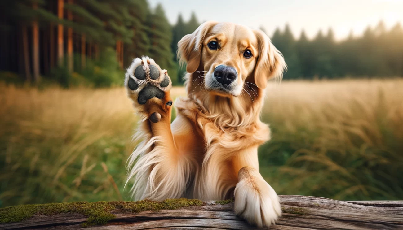 Zaciekawiony Golden Retriever podnoszący jedną ze swoich przednich łap w naturalnym otoczeniu na zewnątrz, co oddaje istotę podnoszenia łapy przez psa jako znak ciekawości lub niepewności dla psa. Otoczenie to trawiaste pole z drzewami w tle, co podkreśla naturalne środowisko psa. Zdjęcie to uwypukla znaczenie zachowania polegającego na podnoszeniu łapy przez psy, pokazując, jak ten gest może wskazywać na zainteresowanie psa lub niepewność w danej sytuacji, co jest ważnym aspektem języka ciała psów dla zrozumienia i reagowania na ich potrzeby.