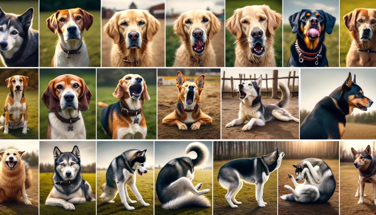 Kolaż różnych ras psów, każdy prezentujący kluczowy sygnał komunikacyjny: Golden Retriever nawiązujący kontakt wzrokowy, Labrador oblizujący wargi, Owczarek Niemiecki z określoną pozycją ogona, Beagle kichający, Border Collie ziewający, Syberyjski Husky leżący na brzuchu w pozycji do zabawy, Boxer turlający się na plecach, i Husky zastygający w bezruchu. Każdy pies znajduje się w naturalnym otoczeniu, takim jak park lub pole, ilustrując różnorodne sposoby, w jakie psy komunikują swoje emocje i intencje, podkreślając znaczenie zrozumienia tych sygnałów dla skutecznej opieki i interakcji z psami dla psa.