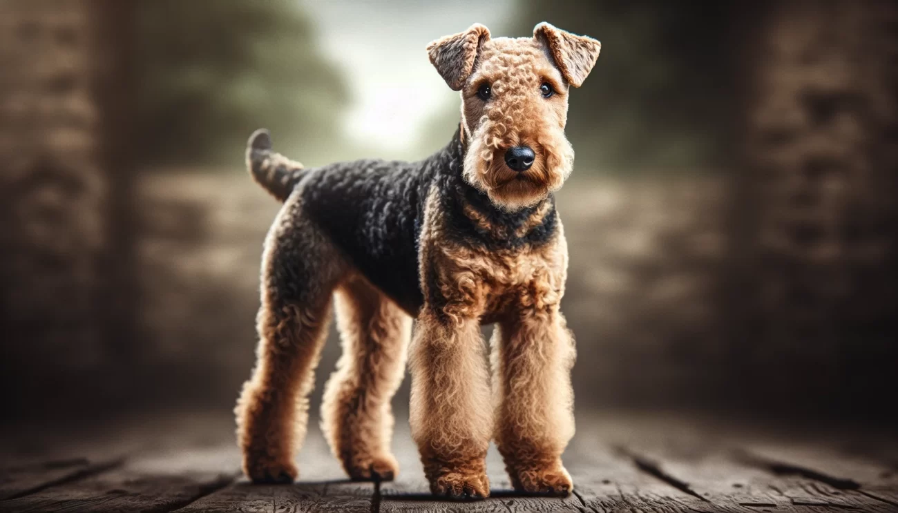 Airedale Terrier stojący w typowej pozie, podkreślającej jego charakterystyczne cechy. Zdjęcie w proporcjach 16:9 przedstawia Airedale Terrier z szorstką sierścią, kwadratową budową ciała i czujnym wyrazem twarzy. Tło delikatnie sugeruje pochodzenie rasy Airedale Terrier z doliny Aire w Yorkshire, Anglii, ukazując naturalne, rustykalne otoczenie. Zdjęcie Airedale Terrier zostało zaprojektowane, by informować o rasie poprzez jej wizualne przedstawienie, idealne dla miłośników Airedale Terrier, hodowców i entuzjastów tej rasy.