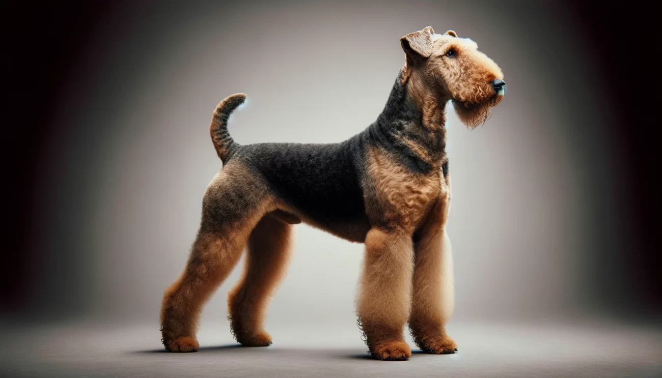 Airedale Terrier prezentujący wzorzec rasy w formacie obrazu 16:9. Zdjęcie skupia się na kluczowych cechach Airedale Terrier: średniej wielkości, dobrze zbalansowanej sylwetce, z twardą, szorstką sierścią oraz pewnym i inteligentnym wyrazie twarzy. Airedale Terrier jest pokazany z boku, aby uwypuklić jego proste plecy, głęboką klatkę piersiową i dobrze umięśnione ciało. Tło jest proste i nienachalne, aby skupić uwagę na fizycznych atrybutach Airedale Terrier zgodnych ze wzorcem rasy, czyniąc zdjęcie idealnym odniesieniem dla entuzjastów i profesjonalistów rasy Airedale Terrier.