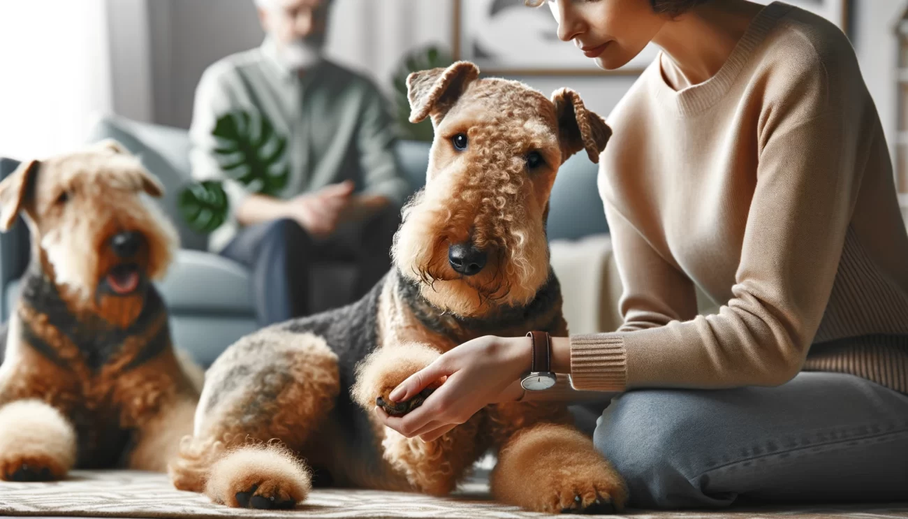 Zdjęcie w formacie 16:9 ukazujące Airedale Terrier w przyjaznej, dostępnej pozie, interakcji z ludźmi lub innymi zwierzętami, co demonstruje typowo nieagresywne zachowanie rasy Airedale Terrier. Sceneria jest spokojna, być może w domu lub parku, prezentując Airedale Terrier jako spokojnego i towarzyskiego kompana. Obraz subtelnie przekazuje wiadomość, że Airedale Terrier, przy odpowiednim treningu i socjalizacji, nie są z natury agresywne. Idealne dla osób zainteresowanych charakterem i zachowaniem Airedale Terrier, podkreślając ich zdolność do bycia łagodnymi i przyjacielskimi towarzyszami.