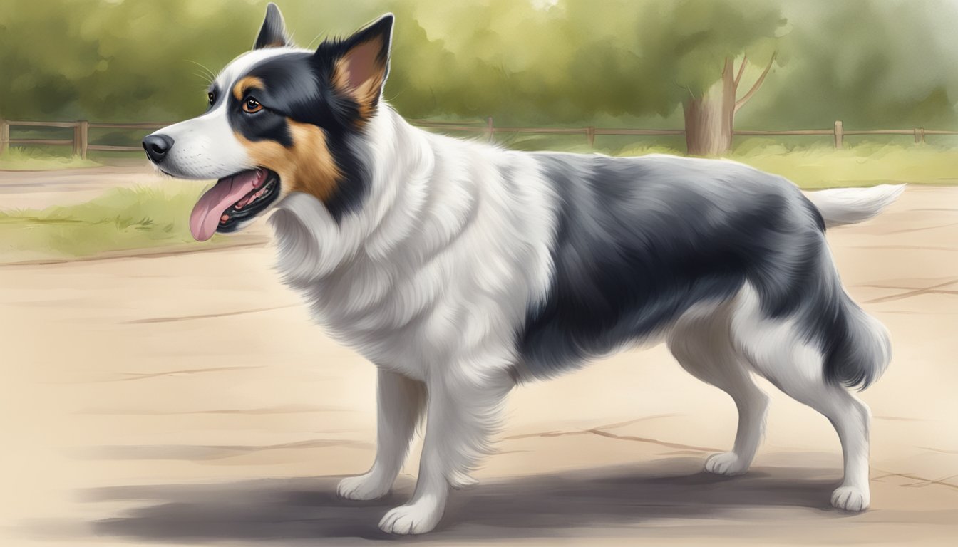 Na ilustracji przedstawiony jest pies, który swoim wyglądem przypomina rasę Border Collie. Pies jest w pełnym ruchu, co sugeruje aktywność i energię typową dla tej rasy. Jego sierść jest gęsta i lśniąca, z wyraźnymi czarnymi, białymi i brązowymi plamami. Widać go na tle naturalnego, parkowego otoczenia, co może wskazywać na spacer lub sesję szkolenia psa na zewnątrz. Jego spojrzenie jest skierowane do przodu, usta są otwarte, a język wystaje, co dodaje dynamiki całej scenie. Jest to obraz, który może być wykorzystany do zilustrowania różnych aspektów szkolenia psa, takich jak nauka aportowania, chodzenia na smyczy, czy reagowania na komendy. Wyraz ciała i postawa psa wskazują na dobrze wyszkolonego i zadowolonego zwierzęcia, podkreślając przy tym znaczenie regularnego szkolenia psa i aktywności fizycznej dla zachowania zdrowia i szczęścia psa.