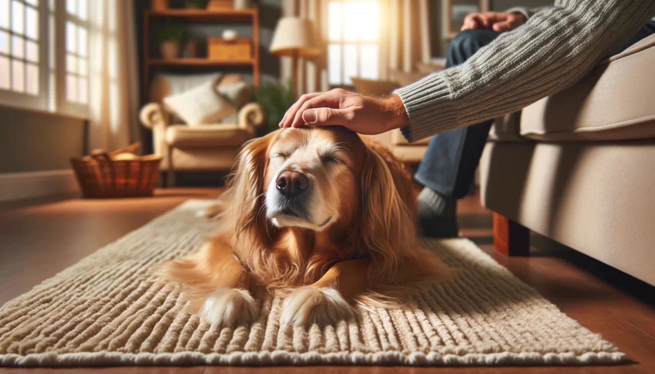 Złoty retriever leży z relaksem na miękkim, beżowym dywanie w przytulnym, słonecznym pokoju, wyglądając na zupełnie zadowolonego z głaskania przez osobę siedzącą na kanapie. Osoba ta jest częściowo widoczna i ma na sobie szary sweter oraz dżinsy. Całość sceny wywołuje spokojny, domowy nastrój.