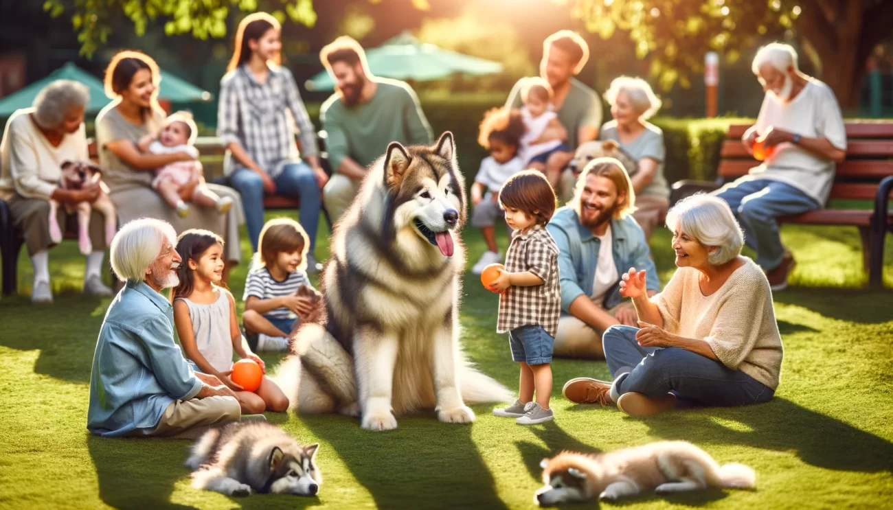 Spokojna i przyjazna scena ukazująca temperament Alaskana Malamute. Obraz przedstawia łagodnego i spokojnego Alaskana Malamute, który przyjaźnie wchodzi w interakcje z różnorodną grupą ludzi i innych psów w parku. Alaskan Malamute jest pokazany podczas zabawy z dziećmi, spokojnego siedzenia obok starszych osób oraz socjalizacji z innymi rasami psów, co demonstruje jego nieagresywną i towarzyską naturę. Ustawienie w słoneczny dzień w bujnym zielonym parku podkreśla przyjazne usposobienie rasy Alaskan Malamute i rozwiewa mity o agresji.