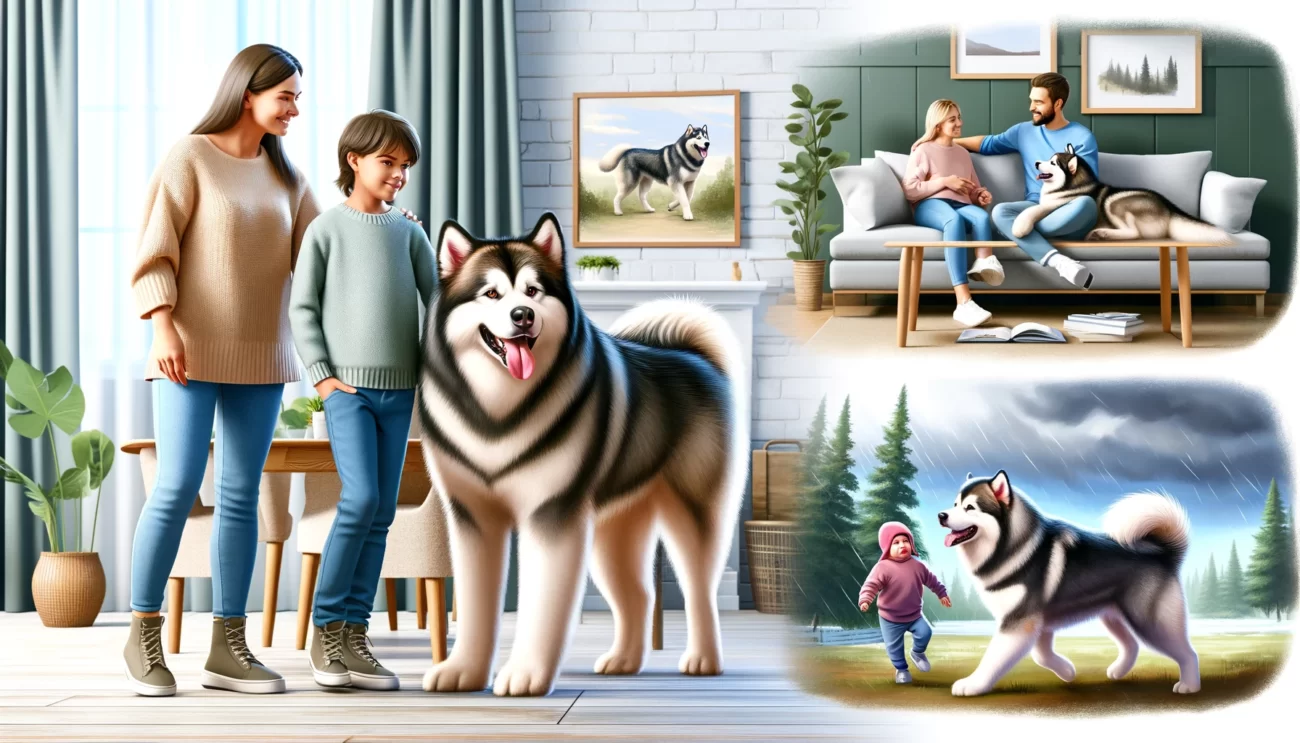 Serdeczna scena ukazująca liczne zalety rasy Alaskan Malamute. Na obrazie widoczny jest lojalny i ochronny Alaskan Malamute stojący obok rodziny w domowym otoczeniu, co symbolizuje silne instynkty ochronne tej rasy. Inna część obrazu pokazuje Alaskana Malamute delikatnie bawiącego się z dziećmi, podkreślając jego przyjazną i cierpliwą naturę. Dodatkowo, Alaskan Malamute jest przedstawiony podczas spaceru na łonie natury, co demonstruje jego miłość do aktywności na świeżym powietrzu i przystosowanie do różnych środowisk.