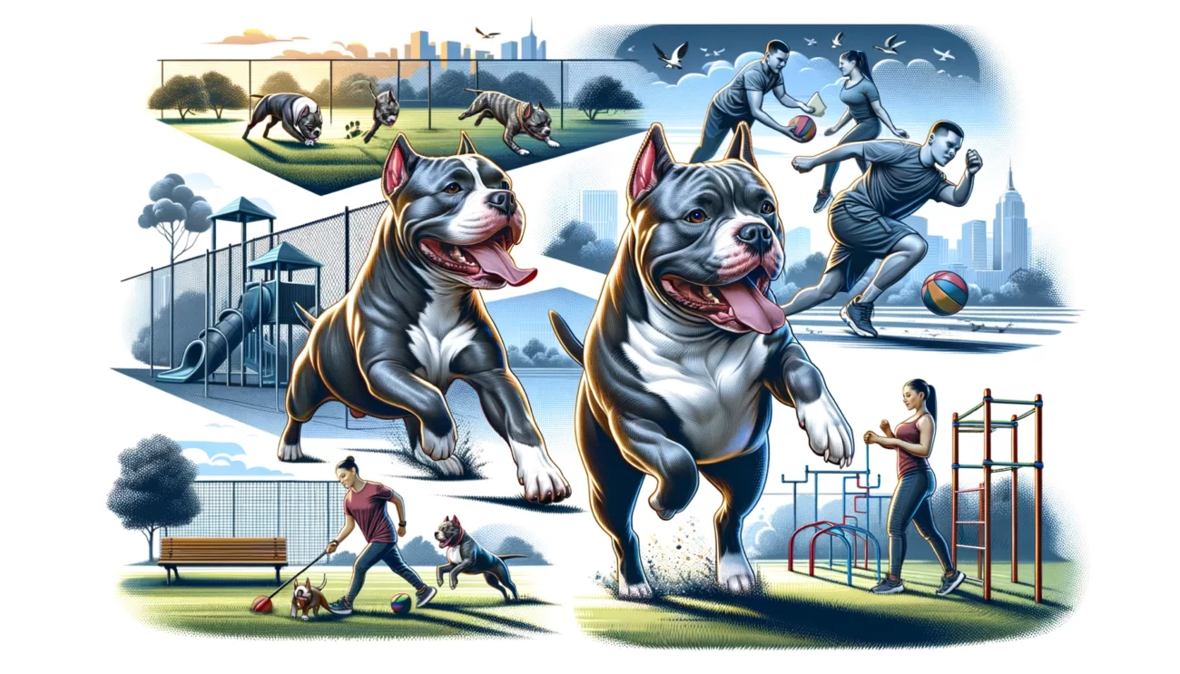 Dynamiczna i ilustracyjna scena ukazująca potrzeby ruchowe American Bully. Obraz przedstawia American Bully zaangażowanego w różne aktywności fizyczne, podkreślając jego wysoki poziom energii i potrzebę regularnych ćwiczeń. Jedna część obrazu pokazuje American Bully biegającego w przestronnym parku, inna część przedstawia go podczas zabawy w aportowanie, a trzecia sekcja ukazuje udział w treningu zwinności. Wizualizacje podkreślają znaczenie aktywnego trybu życia dla American Bully, uwypuklając jego wytrzymałość i miłość do aktywności fizycznych.