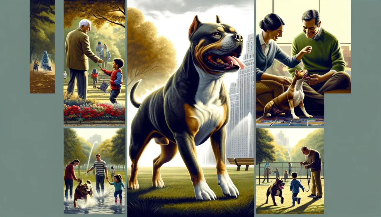 Realistyczna i szczegółowa scena ukazująca cechy i styl życia American Staffordshire Terrier (Amstaff). Obraz przedstawia Amstaffa w różnych scenariuszach z życia codziennego. Jedna sekcja pokazuje Amstaffa prezentującego swoją silną, atletyczną budowę podczas biegu w parku, co podkreśla jego fizyczną siłę i zwinność. Inna część obrazu ukazuje Amstaffa w interakcji pełnej uczucia z rodziną, w tym z dziećmi, co podkreśla jego przyjazną i towarzyską naturę. Ostatnia sekcja przedstawia Amstaffa uczestniczącego w zajęciach z posłuszeństwa, demonstrując jego inteligencję i zdolność do nauki. Scena została zaprojektowana, aby zapewnić wszechstronny widok na cechy i zachowania American Staffordshire Terrier (Amstaff) w naturalnym i codziennym kontekście.