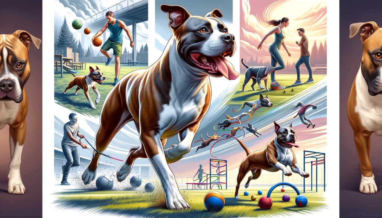 Dynamiczna i ilustracyjna scena ukazująca potrzeby ruchowe American Staffordshire Terrier (Amstaff). Obraz przedstawia Amstaffa zaangażowanego w różne aktywności fizyczne, podkreślając jego wysoki poziom energii i potrzebę regularnych ćwiczeń. Jedna część obrazu pokazuje Amstaffa biegającego w przestronnym parku, inna część przedstawia go podczas zabawy w aportowanie, a trzecia sekcja ukazuje udział w treningu zwinności. Wizualizacje podkreślają znaczenie aktywnego trybu życia dla American Staffordshire Terrier (Amstaff), uwypuklając jego wytrzymałość i miłość do aktywności fizycznych.