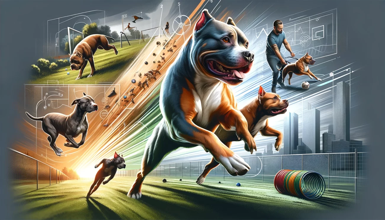 Dynamiczna i ilustracyjna scena ukazująca potrzeby ruchowe Amerykańskiego Pitbulteriera (Pitbull). Obraz przedstawia Pitbulla zaangażowanego w różne aktywności fizyczne, podkreślając jego wysoki poziom energii i potrzebę regularnych ćwiczeń. Jedna część obrazu pokazuje Pitbulla biegającego w przestronnym parku, inna część przedstawia go podczas zabawy w aportowanie, a trzecia sekcja ukazuje udział w treningu zwinności. Wizualizacje podkreślają znaczenie aktywnego trybu życia dla Amerykańskiego Pitbulteriera (Pitbull), uwypuklając jego wytrzymałość i miłość do aktywności fizycznych.