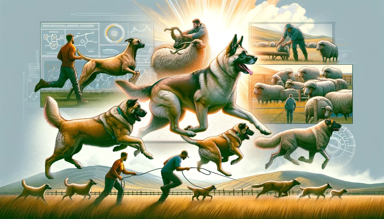 Dynamiczna i ilustracyjna scena ukazująca potrzeby ruchowe Anatolian Shepherd Dog (Owczarek Anatolijski). Obraz przedstawia Owczarka Anatolijskiego zaangażowanego w różne aktywności fizyczne, podkreślając jego wysoki poziom energii i potrzebę regularnych ćwiczeń. Jedna część obrazu pokazuje Owczarka Anatolijskiego biegającego w przestronnej wiejskiej okolicy, inna część przedstawia go przy pracy z bydłem, a trzecia sekcja ukazuje udział w ćwiczeniu treningowym. Wizualizacje podkreślają znaczenie aktywnego trybu życia dla Anatolian (Owczarek Anatolijski), uwypuklając jego wytrzymałość i zdolności pracy.