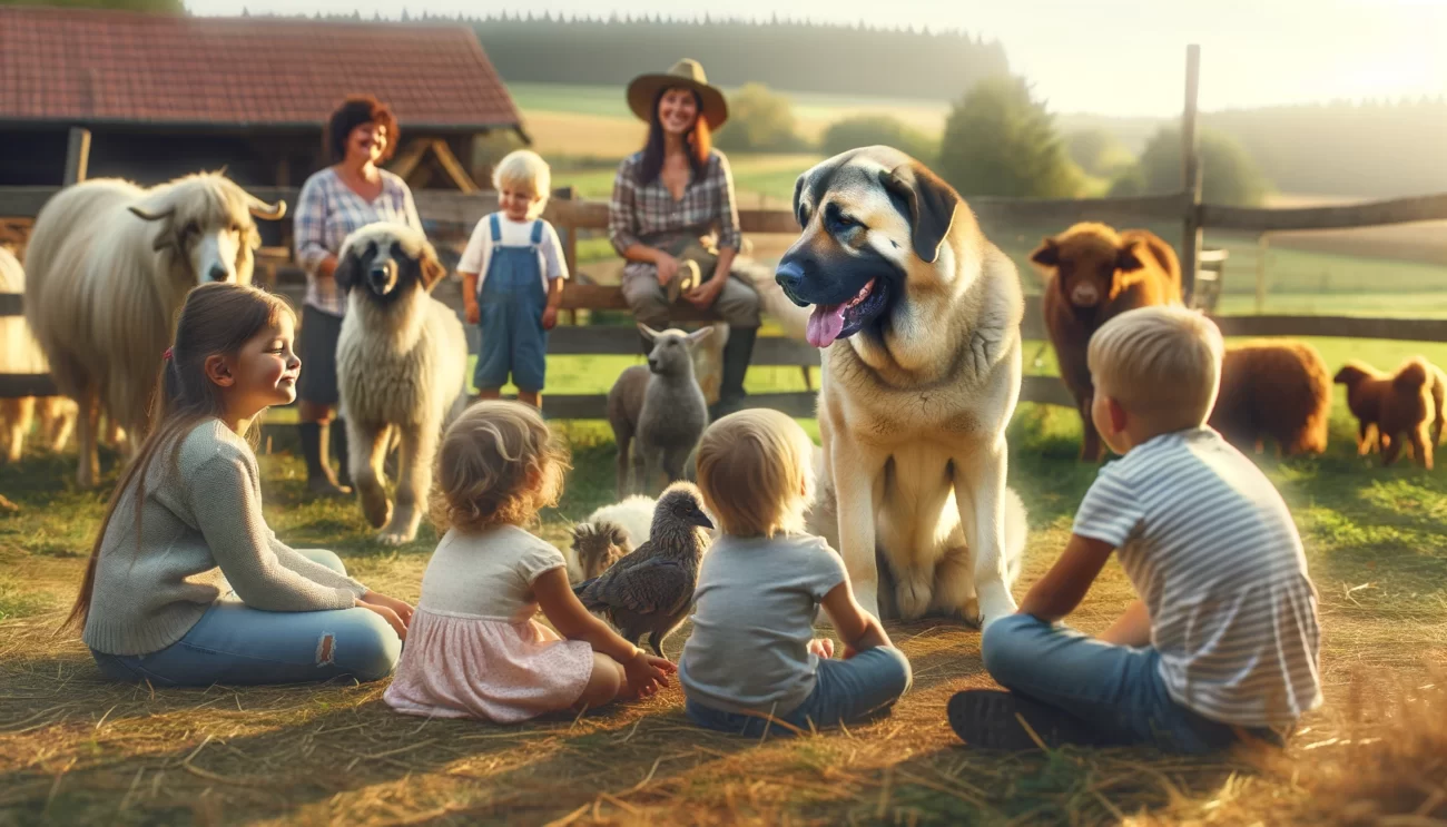 Spokojna i przyjazna scena ukazująca temperament Anatolian Shepherd Dog (Owczarek Anatolijski). Obraz przedstawia łagodnego i spokojnego Owczarka Anatolijskiego, który przyjaźnie wchodzi w interakcje z różnorodną grupą ludzi i innych zwierząt w wiejskim otoczeniu. Anatolian (Owczarek Anatolijski) jest pokazany podczas zabawy z dziećmi, spokojnego siedzenia obok zwierząt gospodarskich i socjalizacji z innymi rasami psów, co demonstruje jego nieagresywną i towarzyską naturę. Ustawienie w słoneczny dzień na pastoralnym krajobrazie podkreśla przyjazne usposobienie rasy Anatolian (Owczarek Anatolijski) i rozwiewa mity o agresji.