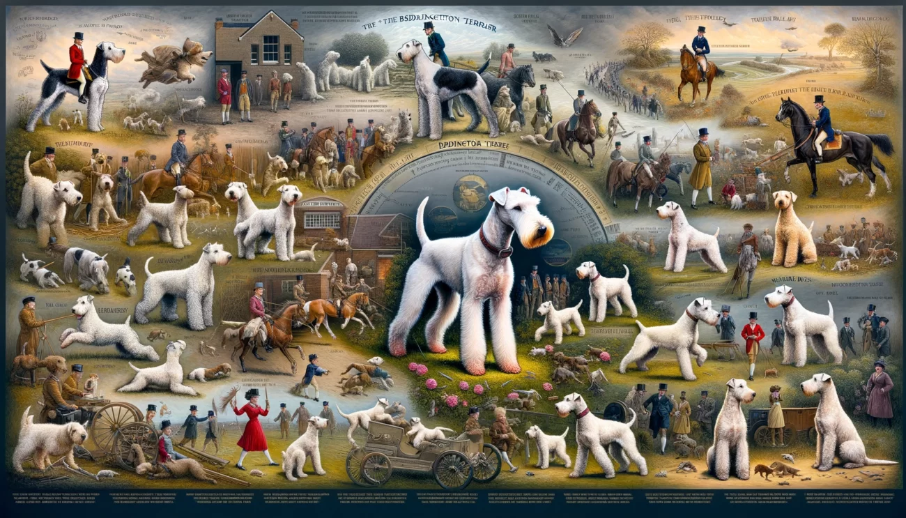 Obraz przedstawia historię rasy Bedlington Terrier w formie montażu ukazującego różne okresy historyczne. Zawiera sceny przedstawiające Bedlington Terriera w jego wczesnych rolach w Anglii, takich jak polowanie na małe gryzonie i udział w wyścigach psów. Pokazana jest ewolucja rasy, podkreślająca zmiany w jej wyglądzie i funkcjach na przestrzeni czasu. Tło ilustruje historyczną os czasu z kluczowymi momentami w rozwoju rasy, takimi jak przejście z psa roboczego na ukochanego towarzysza. Obraz ma na celu uchwycenie bogatej historii i ewolucji Bedlington Terriera w sposób wizualnie angażujący, ukazując jego przemianę od praktycznego psa pracującego do cenionego zwierzęcia domowego, a także zmiany w wyglądzie i charakterze, które nastąpiły w ciągu wieków.