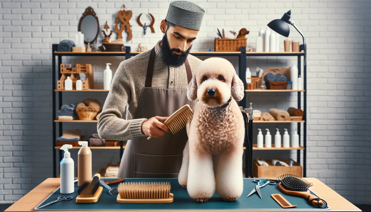 Obraz przedstawia Bedlington Terriera podczas sesji pielęgnacyjnej w dobrze wyposażonym miejscu do groomingu. Pies znajduje się na stole do pielęgnacji, gdzie jest szczotkowany i przycinany przez swojego właściciela, mężczyznę pochodzenia bliskowschodniego. Wyświetlane narzędzia do pielęgnacji obejmują szczotki, grzebienie i nożyczki do strzyżenia, specjalnie dostosowane do kręconego, wełnistego futra rasy. W tle widoczne są półki z różnymi produktami do pielęgnacji, takimi jak szampony i odżywki. Obraz podkreśla wagę regularnej pielęgnacji w utrzymaniu zdrowia i wyglądu futra Bedlington Terriera, ukazując, jak właściwa pielęgnacja jest kluczowa dla zachowania charakterystycznego wyglądu i kondycji futra tej wyjątkowej rasy.