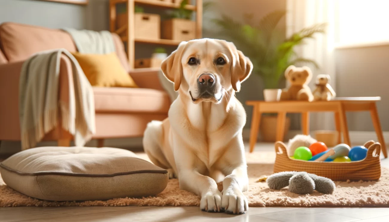 Przyjazny i gościnny labrador retriever siedzący w przytulnym salonie, otoczony zabawkami dla psów i wygodnym legowiskiem, w ciepłym i zapraszającym otoczeniu z miękkim oświetleniem i roślinami domowymi. Pies patrzy bezpośrednio w kamerę, uosabiając istotę idealnego towarzysza dla początkujących właścicieli psów.