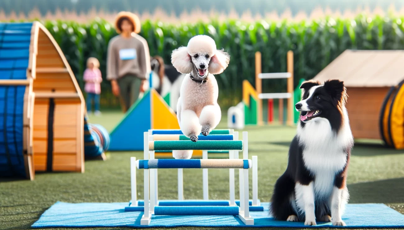 Pudel i Border Collie w środowisku treningowym, ukazujące ich łatwość w szkoleniu i posłuszeństwo. Pudel jest pokazany opanowujący tor przeszkód agility, demonstrując swoją inteligencję i szybką zdolność uczenia się. Border Collie uważnie reaguje na komendy treningowe, prezentując swoje skupienie i responsywność. Sceneria to zewnętrzny obszar treningowy z różnymi sprzętami do agility, podkreślającą trenowalność psów i ich chęć do nauki. Obraz uchwycił esencję ras psów znanych z łatwości w szkoleniu, idealnych dla właścicieli szukających psów trenowalnych i inteligentnych.