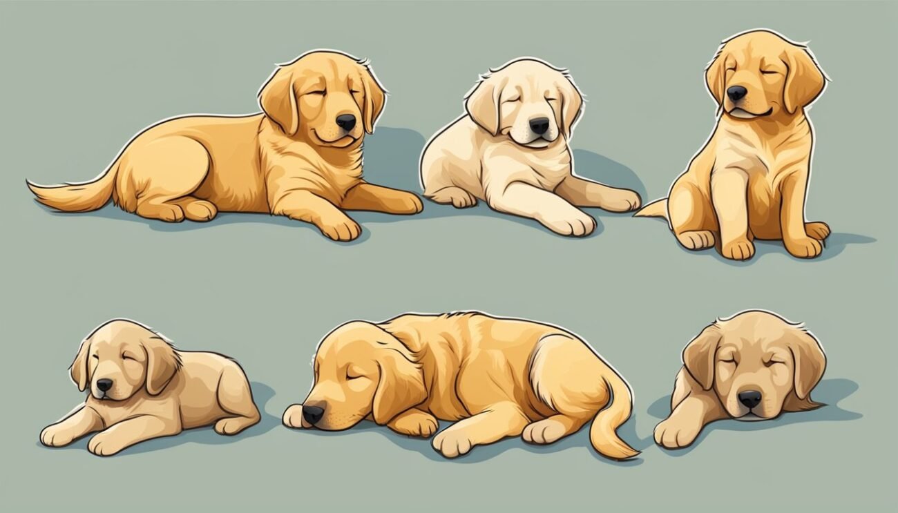 Ile śpi szczeniak Golden Retriever: Ilustracja przedstawiająca szczeniaki Golden Retriever w różnych pozycjach snu, ukazująca ich naturalną potrzebę dużych ilości odpoczynku. Szereg uroczych obrazków pokazuje szczenięta spoczywające samotnie i w grupie, co sugeruje, że długie okresy snu są normalne dla tej rasy. Każdy szczeniak wydaje się być w głębokim, spokojnym śnie, co odzwierciedla ich behawioralne wzorce i potrzeby odpoczynkowe. Te obrazy wspierają zrozumienie, że odpowiednia ilość snu jest krytycznym elementem zdrowego rozwoju i wzrostu szczeniąt Golden Retriever.