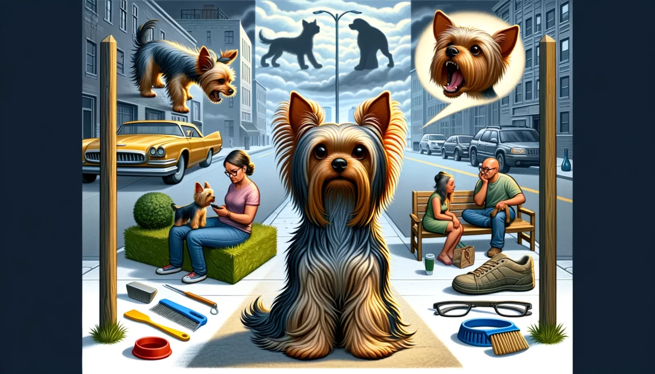 Obraz przedstawia zrównoważoną i realistyczną ilustrację ukazującą niektóre typowe wyzwania związane z posiadaniem Yorkshire Terrier. Na obrazie pokazano Yorkshire Terrier w kilku scenariuszach, które podkreślają potencjalne wady rasy. Jedna część obrazu ilustruje skłonność psa do częstego szczekania, pokazanego na przykładzie psa szczekającego na przechodzącego obok nieznajomego na miejskiej ulicy. Inna sekcja podkreśla potrzebę regularnej pielęgnacji rasy, przedstawioną przez psa siedzącego obok narzędzi do pielęgnacji i wyglądającego nieco rozczochranego. Ostatnia część obrazu pokazuje małe rozmiary Yorkie, które czynią go podatnym na zewnątrz, zilustrowane przez psa wyglądającego na malutkiego obok dużego psa w parku. Ilustracja ma na celu przedstawienie uczciwego obrazu rasy, uznając jej wyzwania, jednocześnie zachowując szacunek i współczujące spojrzenie.