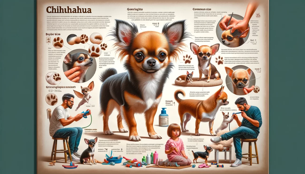 Grafika informacyjna na temat 'Chihuahua - wady i zalety, opis rasy', przedstawiająca różne Chihuahua w realistycznych ustawieniach. Obraz ilustruje ich różnorodne kolory i wzory sierści, Chihuahua bawiącego się zabawkami, co pokazuje ich żywiołową naturę, innego będącego czesanego, co podkreśla potrzeby pielęgnacyjne, oraz jednego z rodziną, demonstrującego ich towarzyski temperament. Scena zawiera dymki z tekstem dostarczające kluczowych informacji o rasie Chihuahua, obejmujące pochodzenie, średni rozmiar, długość życia i problemy zdrowotne, oferując kompleksowy przegląd zalet i wad rasy.