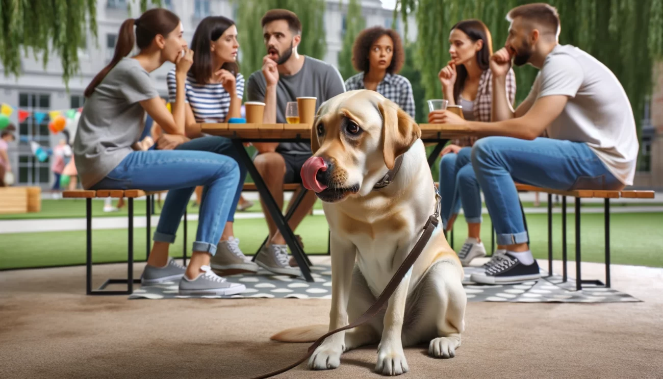 Labrador Retriever oblizujący nerwowo wargi w otoczeniu ludzi w parku, obrazujący sygnały stresu i dyskomfortu dla psa w sytuacjach społecznych. Zdjęcie ukazuje psa w widocznej niepewności, otoczonego przez osoby zajęte codziennymi aktywnościami, które nie zauważają niepokoju psa. Scena ta podkreśla znaczenie rozpoznawania zachowań wskazujących na stres u psów, co jest kluczowe dla lepszego zrozumienia, opieki i komunikacji z naszymi czworonożnymi przyjaciółmi.