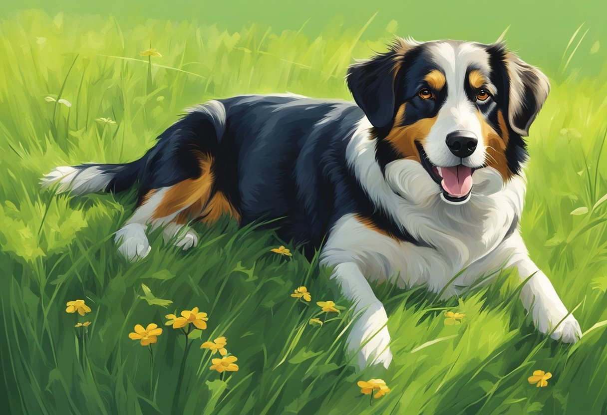 Ilustracja przedstawia psa rasy Australian Shepherd, który leży na zielonej trawie z kwitnącymi żółtymi kwiatami, typowe zachowanie, gdy pies je trawę. Pies ma biało-czarne umaszczenie z brązowymi plamami i wygląda na zadowolonego, co może być związane z naturalnym instynktem, gdy pies je trawę. Scena podkreśla spokojne i naturalne środowisko, w którym pies je trawę, co jest częstym widokiem na łąkach i w parkach. Dyskusja o tym, dlaczego pies je trawę, często dotyczy zdrowia psów i ich dietetycznych nawyków.