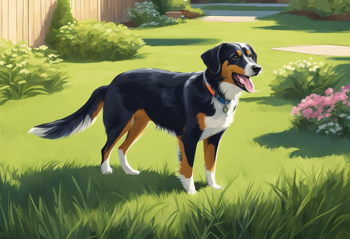 Ilustracja przedstawia trójbarwnego psa rasy Bernese Mountain Dog w ogrodzie. Pies wygląda na zadowolonego i zdrowego, co może sugerować, że jest w trakcie zabawy lub odpoczynku. Jego usta są otwarte, a język lekko wystaje, co jest naturalnym zachowaniem, gdy pies odpoczywa na trawie. Tło obrazu, z zieloną trawą i kwitnącymi krzewami, tworzy spokojne i przyjemne środowisko dla psa.