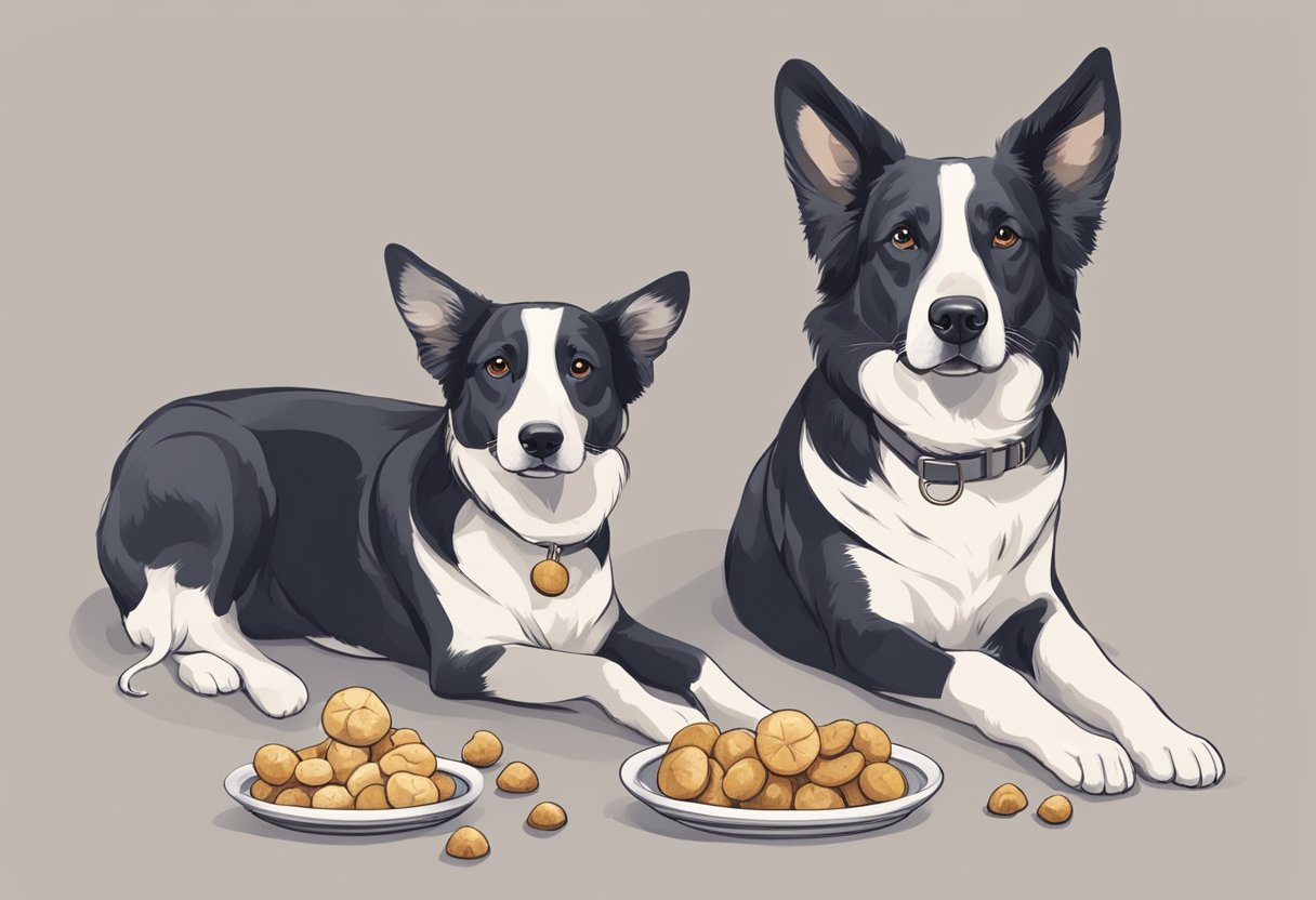 Ilustracja przedstawia dwa psy rasy Border Collie leżące na neutralnym tle. Jeden pies jest młodszy, z bardziej wyrazistymi czarnymi plamami na białej sierści, drugi wygląda na nieco starszego, z bardziej stonowanym czarnym kolorem i szerszą białą "obrożą" na szyi. Obok każdego psa znajduje się talerzyk z przysmakami, które mogą być używane jako nagrody w procesie treningowym, co może ilustrować metodę pozytywnego wzmocnienia, będącą jedną z technik odpowiedzi na pytanie "jak tresować psa". Psy patrzą uważnie, co sugeruje ich gotowość do nauki i współpracy. Oba mają przy sobie obroże, co może wskazywać na ich identyfikację lub przygotowanie do spaceru, będącego również częścią treningu. Kompozycja obrazu wskazuje na spokojne i kontrolowane środowisko, idealne do skupienia uwagi zwierząt na zadaniach treningowych.