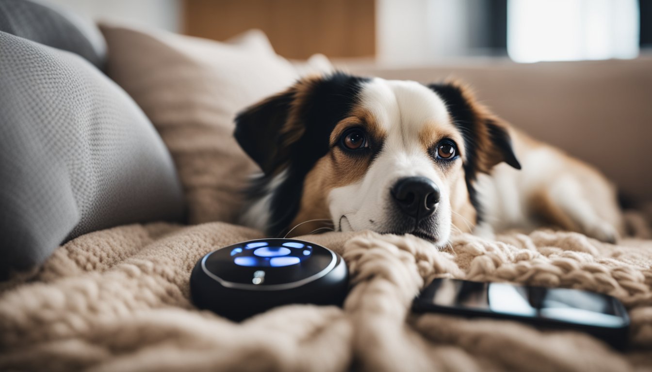 Na fotografii znajduje się pies o trójkolorowej sierści, prawdopodobnie rasy Border Collie, leżący wygodnie na beżowym, miękkim kocu, z głową opartą o poduszki kanapy. Psi wzrok jest skierowany prosto w obiektyw, a jego wyraz twarzy może wyrażać spokój lub lekkie zaniepokojenie. Obok psa, na kocu, znajduje się urządzenie podobne do inteligentnego głośnika (np. Amazon Echo) oraz leżący telefon komórkowy. Czarny głośnik z niebiesko podświetlonymi przyciskami wskazuje na nowoczesne technologie w otoczeniu psa, które mogą być zarówno źródłem rozrywki, jak i potencjalnym czynnikiem stresu u psa, zwłaszcza jeśli dźwięki wydawane przez urządzenia są głośne lub niezrozumiałe dla zwierzęcia. Komfortowe otoczenie i spokojna atmosfera mogą przyczyniać się do redukcji stresu u psa, zapewniając mu bezpieczną przestrzeń i poczucie bliskości z opiekunem. Zdjęcie może podkreślać, jak ważne jest, aby właściciele zwierząt domowych byli świadomi wpływu otaczającego środowiska, w tym nowoczesnych gadżetów, na poziom stresu u psa.