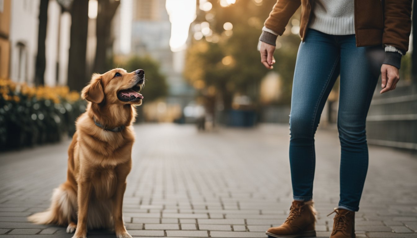 Zdjęcie przedstawia pięknego, złocistego psa rasy Golden Retriever siedzącego na chodniku w miejskim otoczeniu przy ciepłym, zachodzącym słońcu. Pies ma błyszczące, zadbane futro i wygląda na zdrowego i szczęśliwego, co są znakami psa dobrej opieki ze strony właściciela. Przyjazne spojrzenie psa w stronę osoby poza kadrem, a także jego otwarta morda i lekko zwisający język, są wyraźnymi znakami psa spokojnego i zrelaksowanego zachowania. Osoba, która jest widoczna tylko od pasa w dół, nosi niebieskie dżinsy i brązowe, sznurowane buty, a jej ręka zwisa w geście, który może sugerować przygotowanie do nagrody lub polecenia, co również jest jednym ze znaków psa dobrej komunikacji i treningu. Scena ta jest ulokowana w mieście, co wskazuje na adaptację psa do różnorodnych środowisk, będąc kolejnym z znaków psa dobrze wyszkolonego i socjalizowanego. W tle widoczne są rozmyte kontury miejskich budynków i żółte kwiaty, które dodają kompozycji ciepła i życia. Zdjęcie to jest przykładem na to, jak znaki psa mogą być interpretowane w różnych kontekstach, tutaj podkreślając harmonię między zwierzęciem a miejskim życiem.