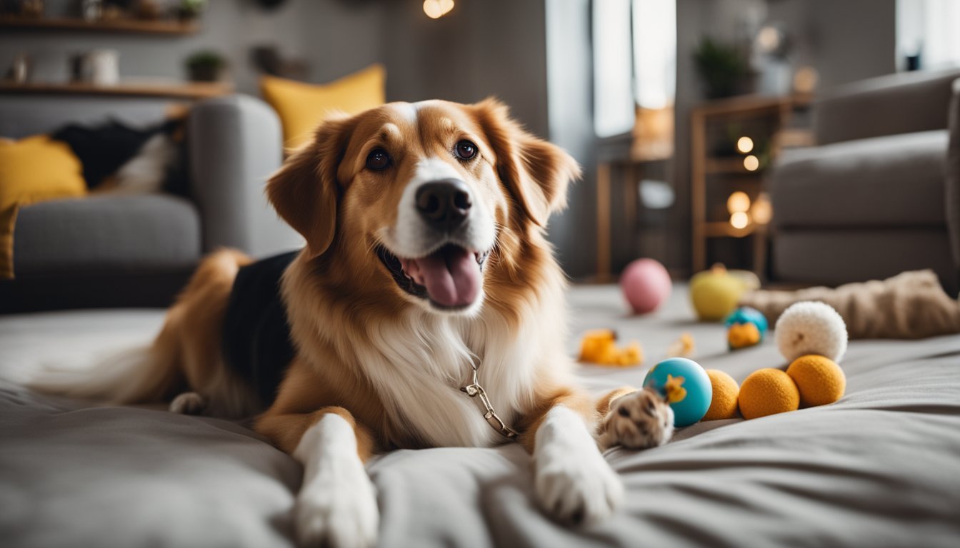 Zdjęcie przedstawia szczęśliwego psa leżącego na łóżku w jasnym, przytulnym domowym wnętrzu. Pies, prawdopodobnie mieszaniec z Border Collie, ma lśniące, trójbarwne futro w odcieniach białym, brązowym i czarnym, co jest znakiem dobrej pielęgnacji. Jego otwarta morda i lekko zwisający język to wyraźne znaki psa zadowolenia i relaksu. Wokół niego rozrzucone są kolorowe zabawki, co świadczy o znakach psa aktywności i zabawy. W tle widoczne jest nowoczesne mieszkanie z szarym, wygodnym kanapą i dekoracyjnymi, żółtymi poduszkami, co nadaje wnętrzu ciepły i przyjazny charakter. Subtelne oświetlenie i miękkie, naturalne kolory wnętrza podkreślają domową atmosferę i spokój, zaś rozmieszczenie elementów w przestrzeni wskazuje na przemyślany design i harmonię. Te elementy wskazują na znaki psa dobrobytu i spokojnego stylu życia, podkreślając znaczenie stworzenia zwierzęciu przestrzeni do odpoczynku i zabawy, która jest równie ważna jak fizyczne znaki psa zdrowia i szczęścia.