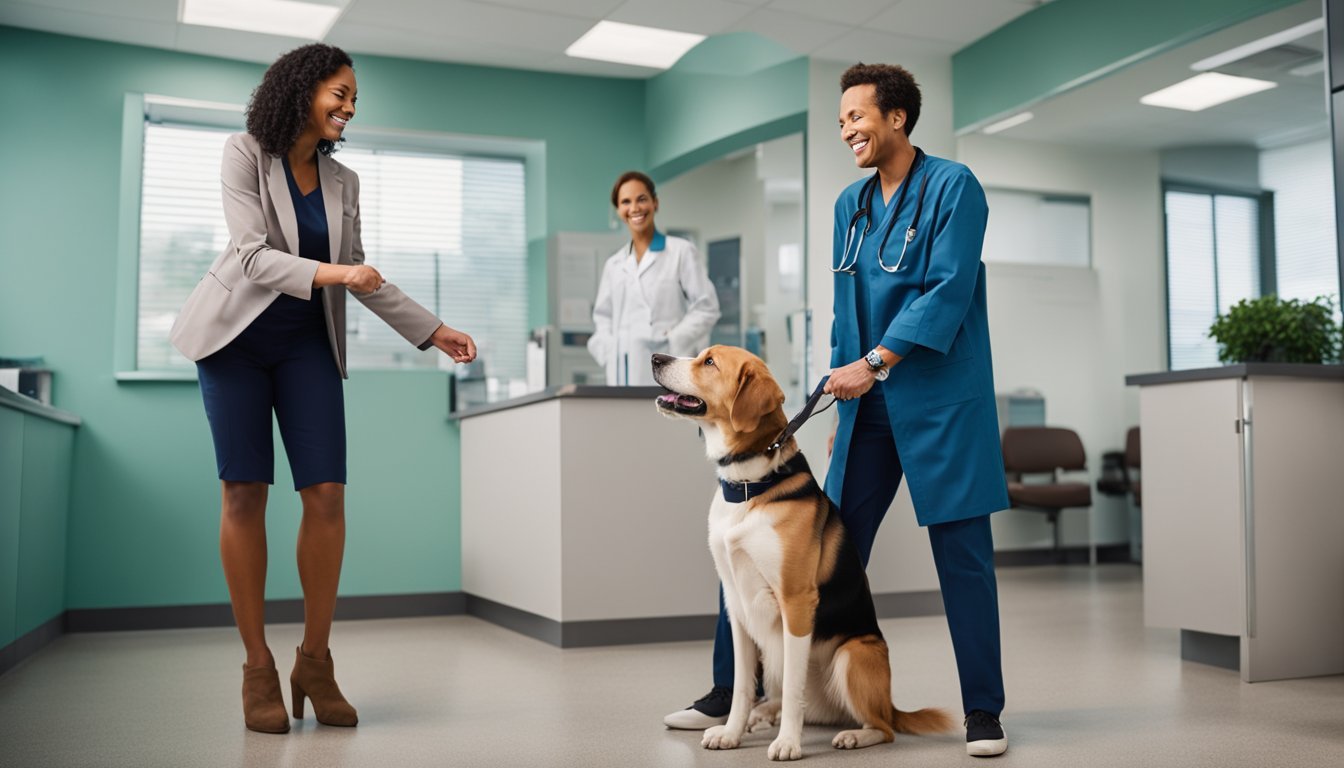 Zdjęcie przedstawia jasną i przestronną klinikę weterynaryjną, w której widać trzy osoby i psa. Na pierwszym planie stoi pies, prawdopodobnie mieszaniec beagle z labradorem, patrzący z zaciekawieniem na kobietę w szarym garniturze i granatowej sukience. Postawa kobiety, która wyciąga rękę do psa, pokazuje znaki psa przyjaźni i zaufania. Po prawej stronie stoi weterynarz w niebieskim ubraniu medycznym, trzymający smycz psa, co wskazuje na znaki psa profesjonalizmu i opieki. Uśmiecha się i patrzy na kobietę, co sugeruje pozytywną i przyjazną atmosferę. W tle, za ladą recepcji, widać kolejną osobę w białym fartuchu, która obserwuje sytuację, co może być znakiem zespołowej pracy w klinice. Światło wpadające przez okno oraz roślina na ladzie dodają zdjęciu znaków psa spokoju i naturalności. Ogólny układ i design kliniki, z jasnymi ścianami i nowoczesnym wyposażeniem, podkreślają znaki psa nowoczesności i czystości, co jest ważne dla zdrowia i dobrego samopoczucia zwierząt oraz ich właścicieli.