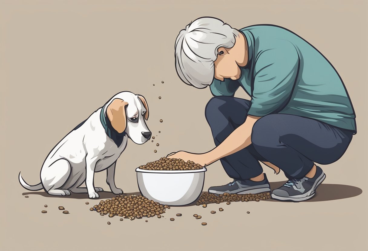 Na ilustracji widzimy starszą osobę w zgiętej pozycji, która z troską podnosi karmę dla psa rozsypaną na podłodze. Obok niej siedzi zaniepokojony beagle, patrzący na właściciela i miskę z jedzeniem. Miska wydaje się być przewrócona, co może sugerować, że pies mógł wymiotować, a teraz obserwuje swojego właściciela, próbującego posprzątać bałagan. Sytuacja ta może rodzić pytania "Dlaczego pies wymiotuje?", co jest ważnym zagadnieniem dla wielu właścicieli psów. Wymiotowanie może być spowodowane różnymi przyczynami, od łagodnych, jak zbyt szybkie jedzenie, po poważne, jak choroby układu pokarmowego. Zdjęcie może również wskazywać na troskę i odpowiedzialność właściciela, który dba o higienę i zdrowie swojego psa.